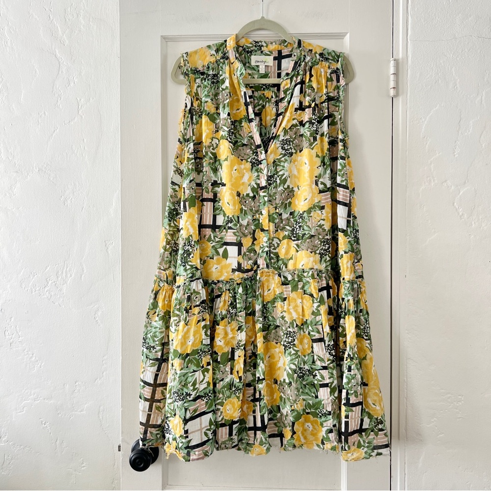 Porridge Anthropologie cotton sleevlss black yellow rose trellis trapeze dress S
